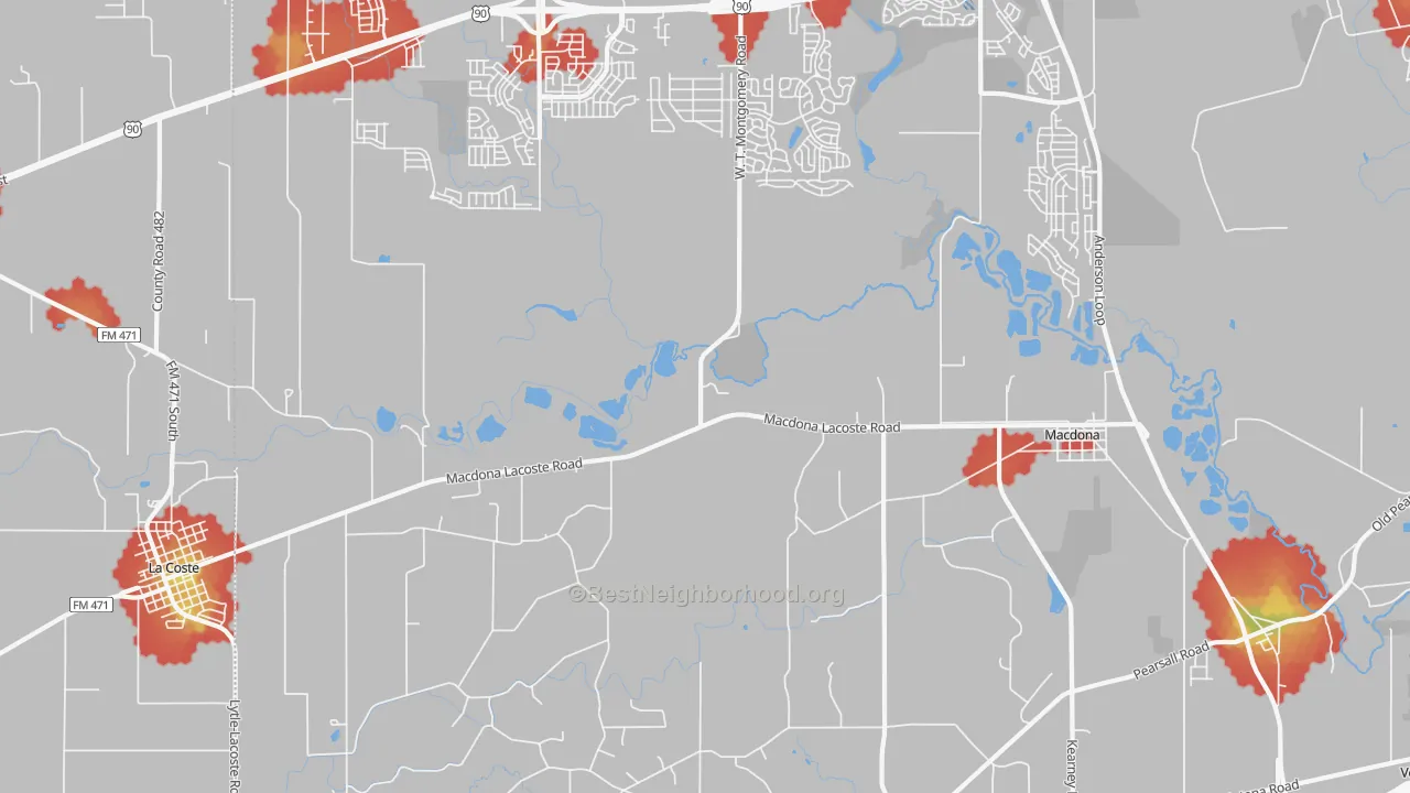 Walk Grade map of Macdona, TX, walkable areas in green and car-dependent areas in red