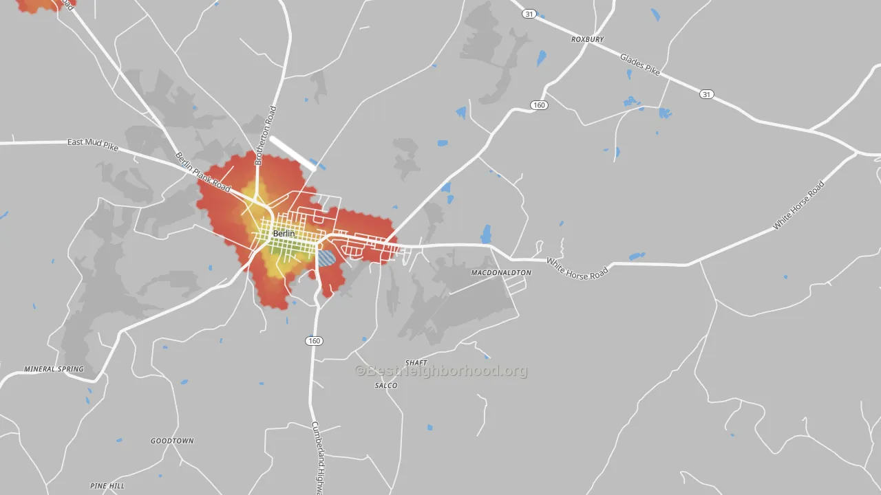 Walk Grade map of Macdonaldton, PA, walkable areas in green and car-dependent areas in red
