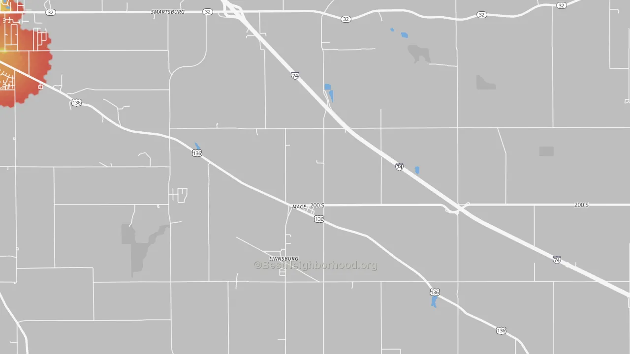 Walk Grade map of Mace, IN, walkable areas in green and car-dependent areas in red