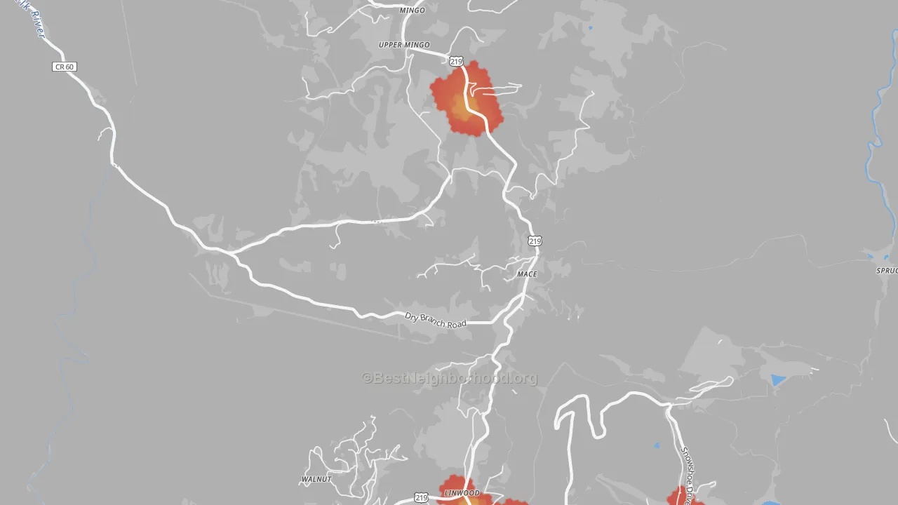 Walk Grade map of Mace, WV, walkable areas in green and car-dependent areas in red