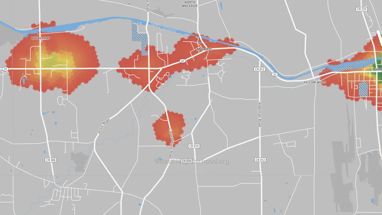 Walk Grade map of Macedon Center, NY, walkable areas in green and car-dependent areas in red