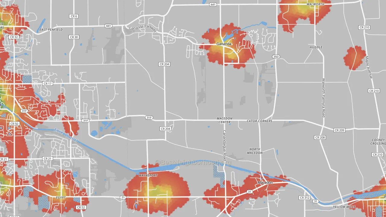 Walk Grade map of Macedon, NY, walkable areas in green and car-dependent areas in red