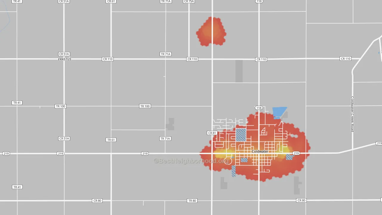 Walk Grade map of Macedon, OH, walkable areas in green and car-dependent areas in red