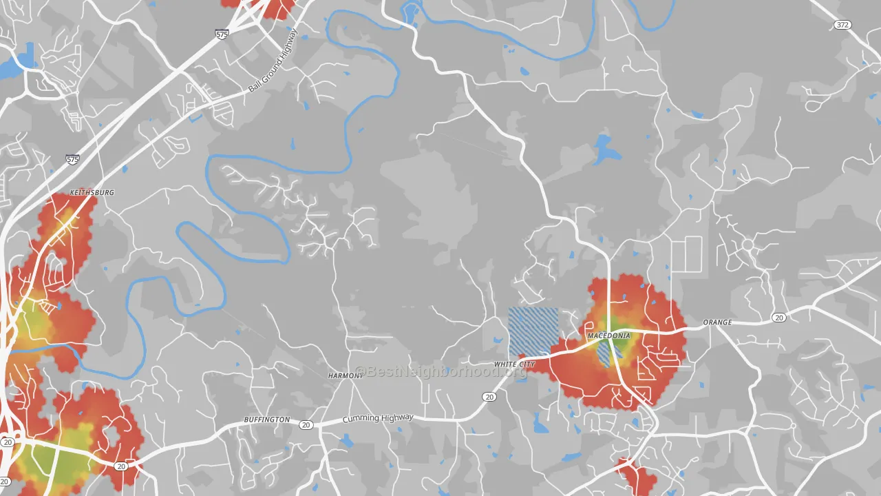 Walk Grade map of Macedonia, GA, walkable areas in green and car-dependent areas in red