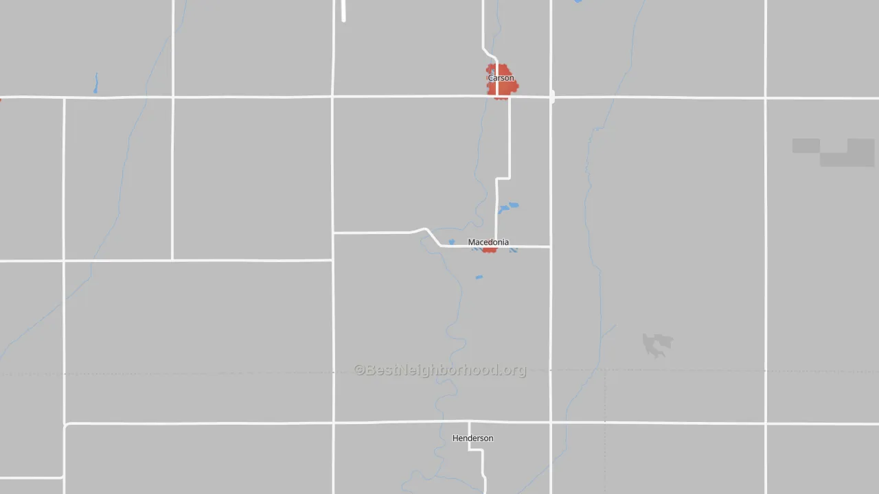 Walk Grade map of Macedonia, IA, walkable areas in green and car-dependent areas in red