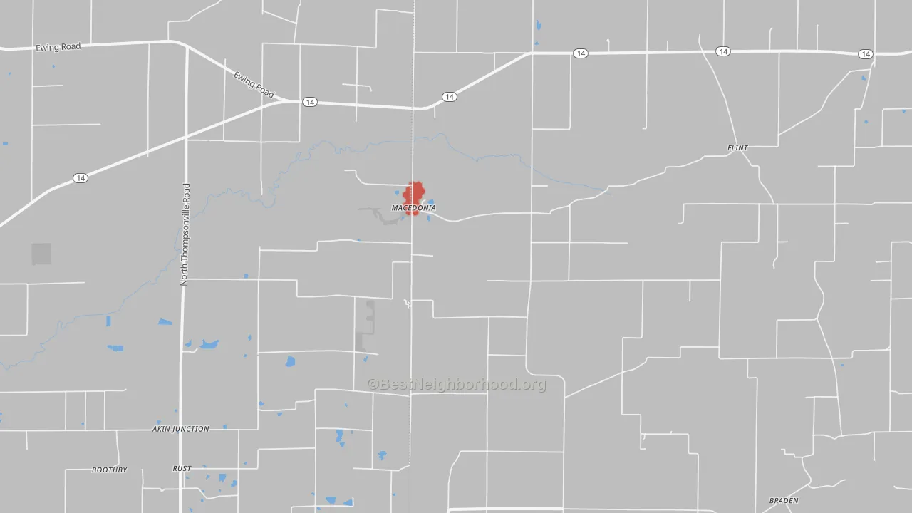 Walk Grade map of Macedonia, IL, walkable areas in green and car-dependent areas in red