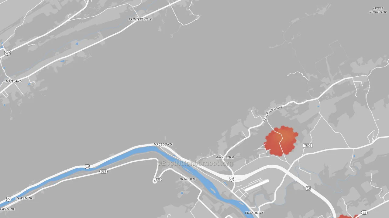 Walk Grade map of Macedonia, PA, walkable areas in green and car-dependent areas in red
