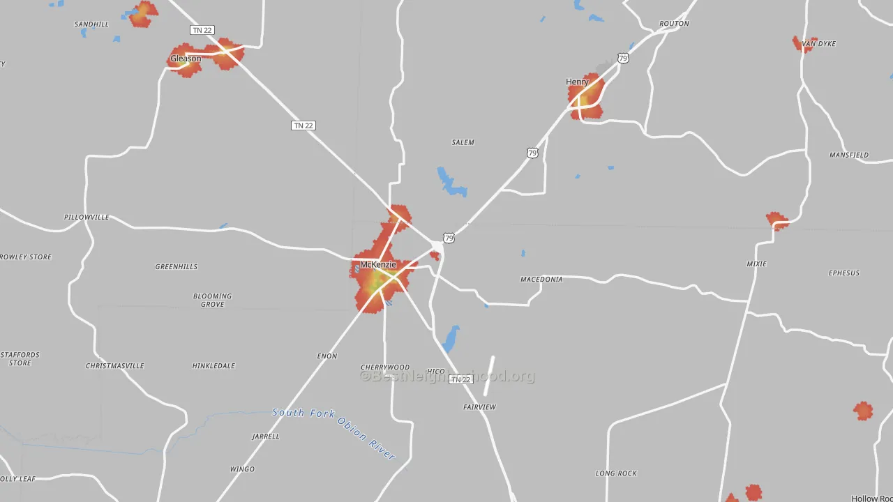 Walk Grade map of Macedonia, TN, walkable areas in green and car-dependent areas in red