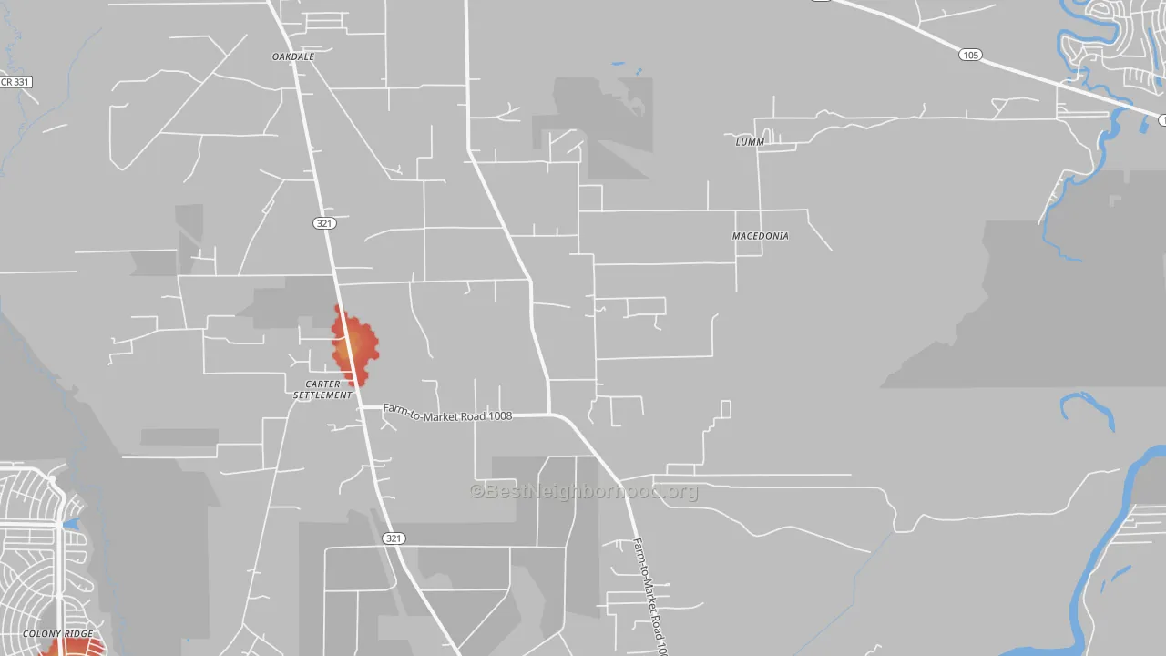 Walk Grade map of Macedonia, TX, walkable areas in green and car-dependent areas in red
