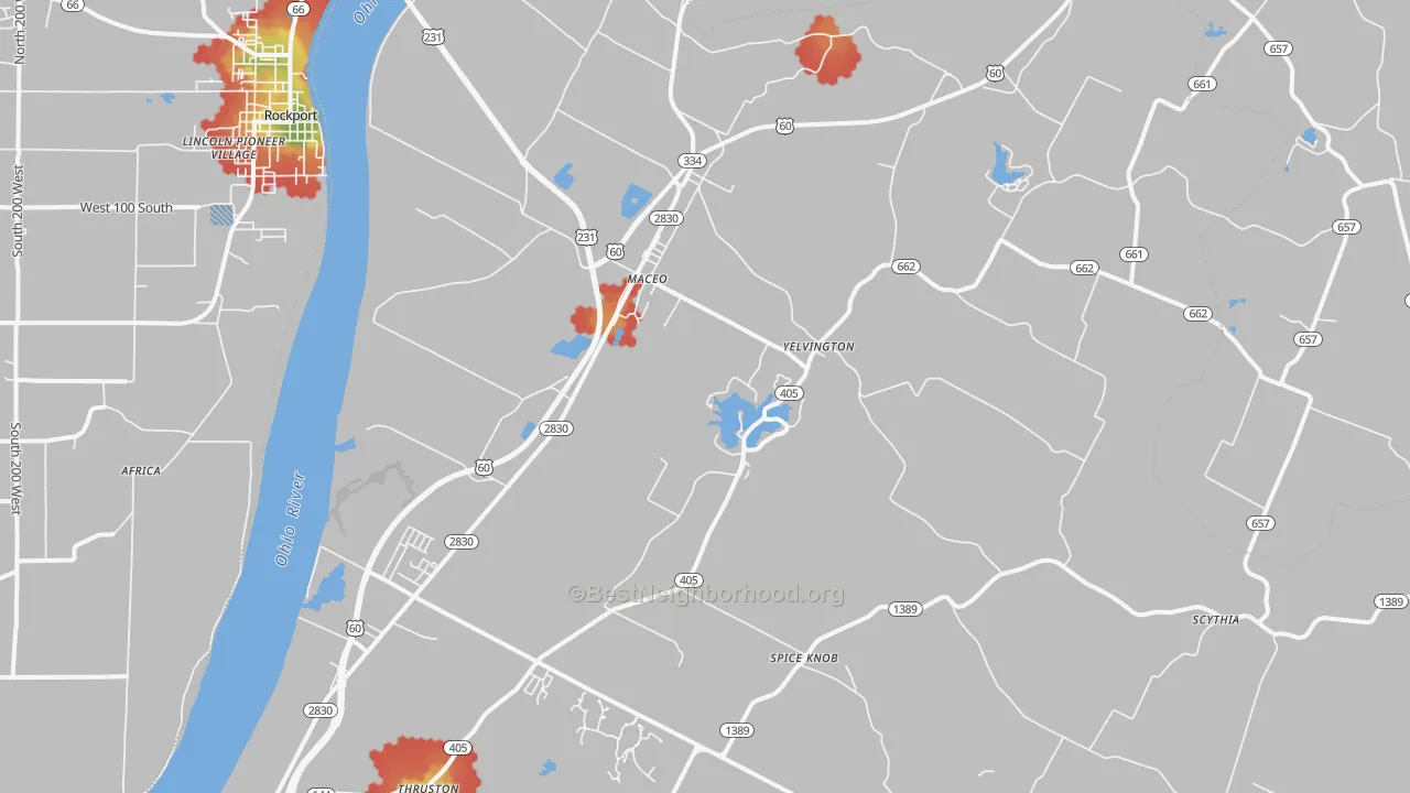 Walk Grade map of Maceo, KY, walkable areas in green and car-dependent areas in red