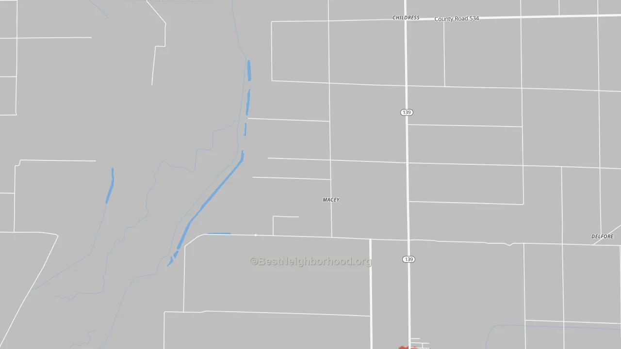 Walk Grade map of Macey, AR, walkable areas in green and car-dependent areas in red
