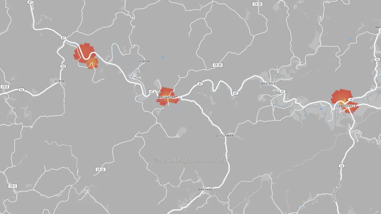 Walk Grade map of Macfarlan, WV, walkable areas in green and car-dependent areas in red