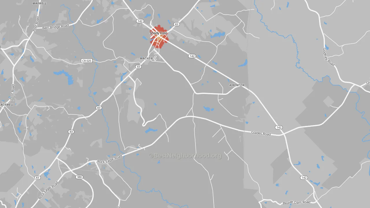 Walk Grade map of Machen, GA, walkable areas in green and car-dependent areas in red