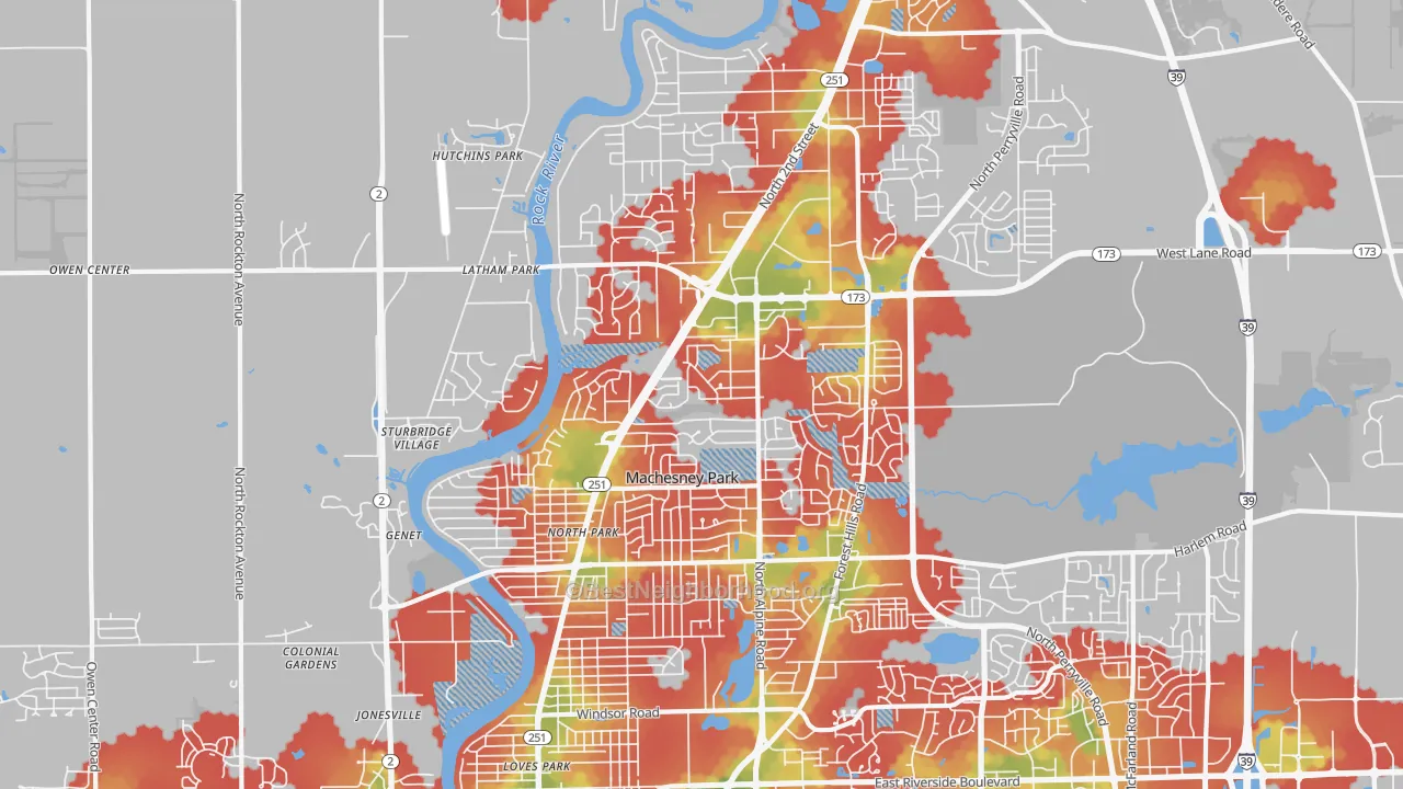 Walk Grade map of Machesney Park, IL, walkable areas in green and car-dependent areas in red