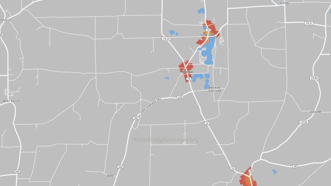 Walk Grade map of Machias, NY, walkable areas in green and car-dependent areas in red