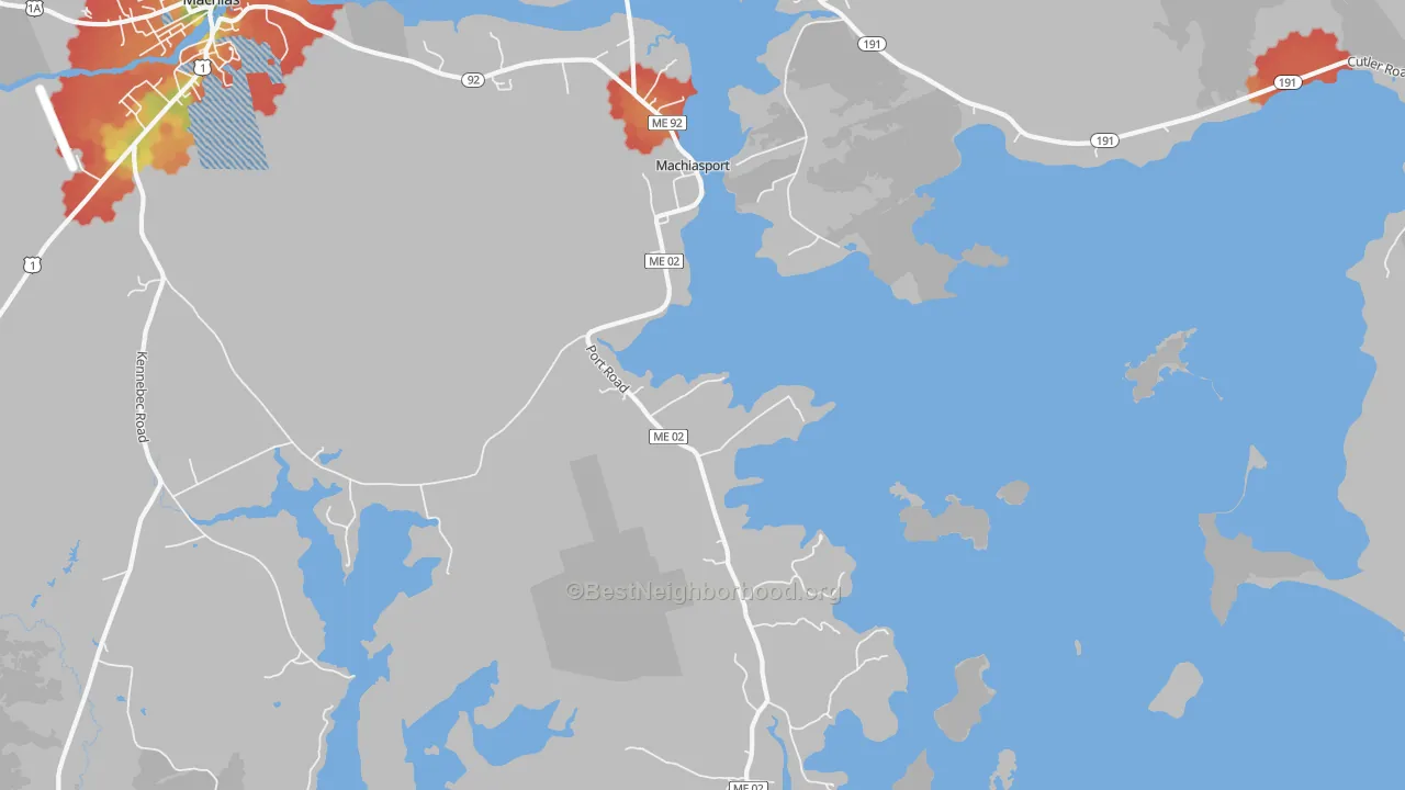 Walk Grade map of Machiasport, ME, walkable areas in green and car-dependent areas in red