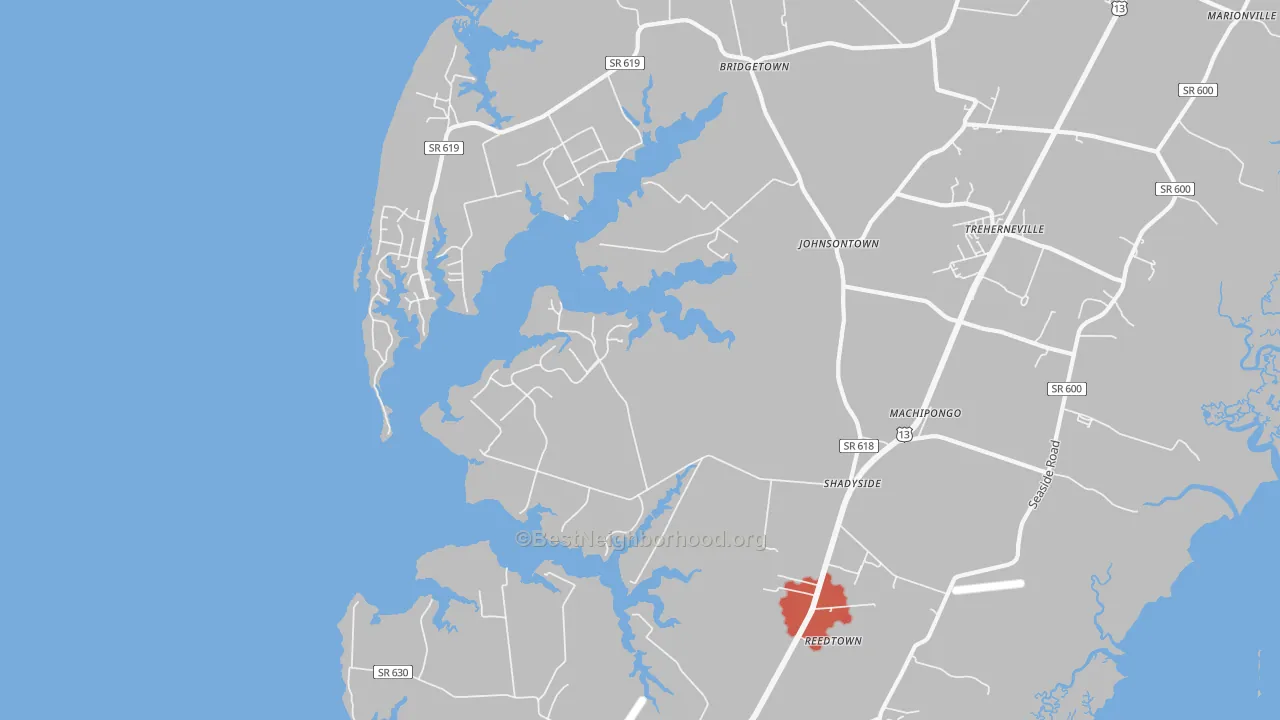 Walk Grade map of Machipongo, VA, walkable areas in green and car-dependent areas in red