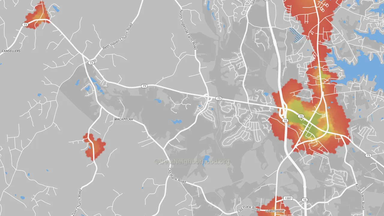 Walk Grade map of Machpelah, NC, walkable areas in green and car-dependent areas in red