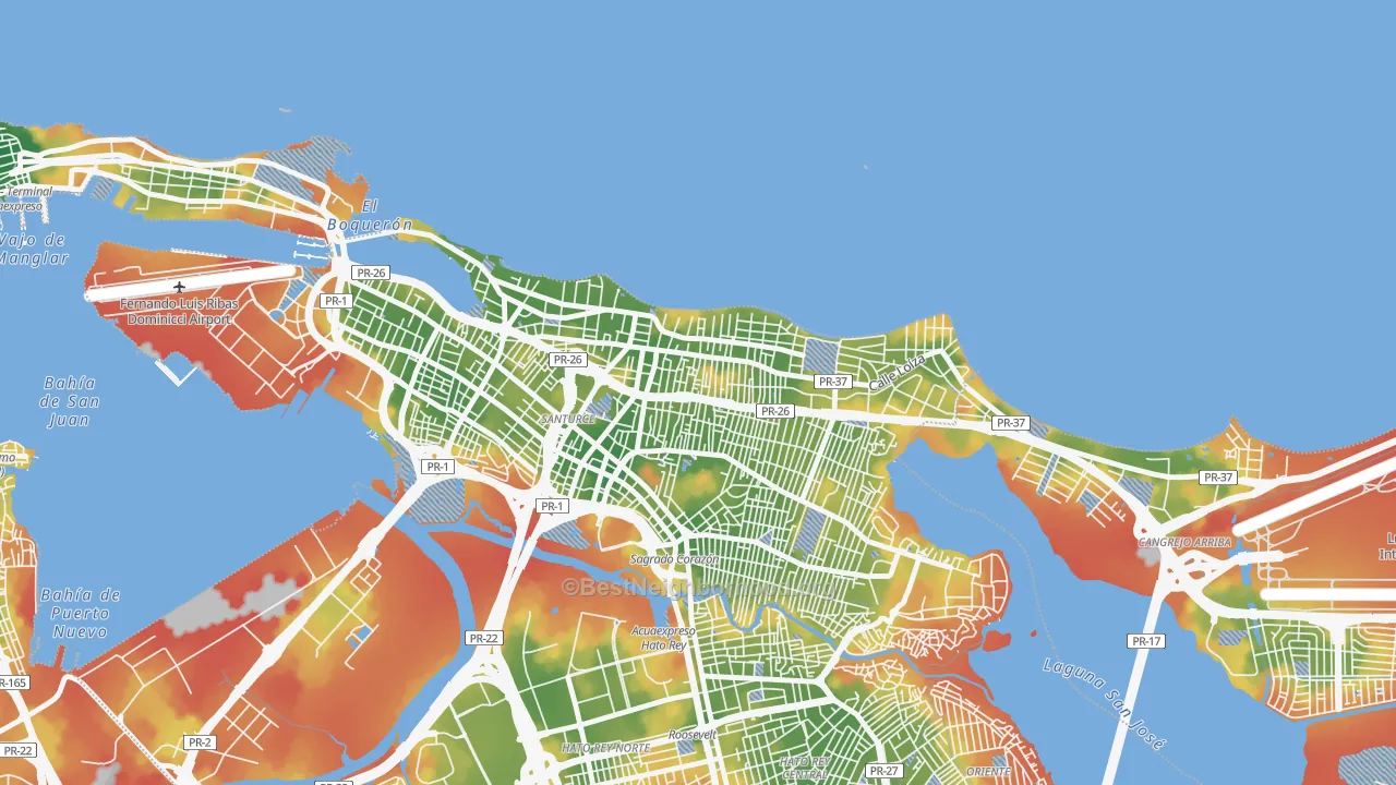 Walk Grade map of Machuchal, San Juan, PR, walkable areas in green and car-dependent areas in red