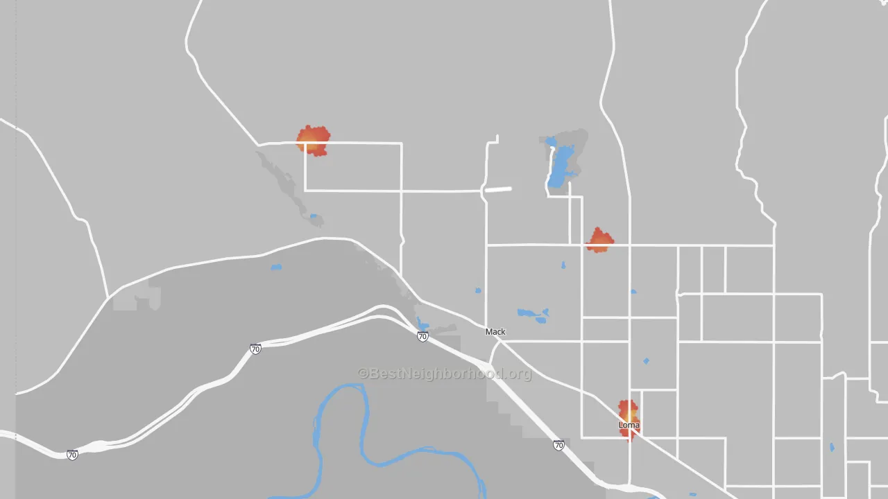 Walk Grade map of Mack, CO, walkable areas in green and car-dependent areas in red