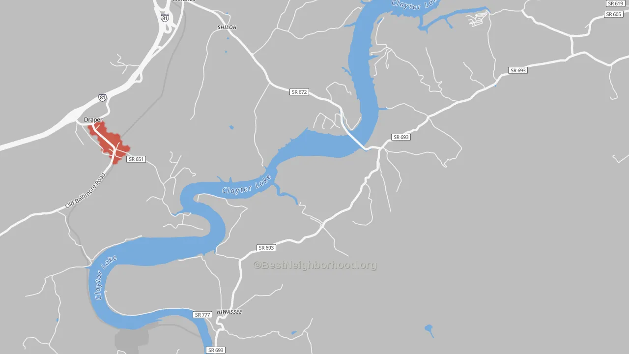 Walk Grade map of Mack Creek Village, VA, walkable areas in green and car-dependent areas in red