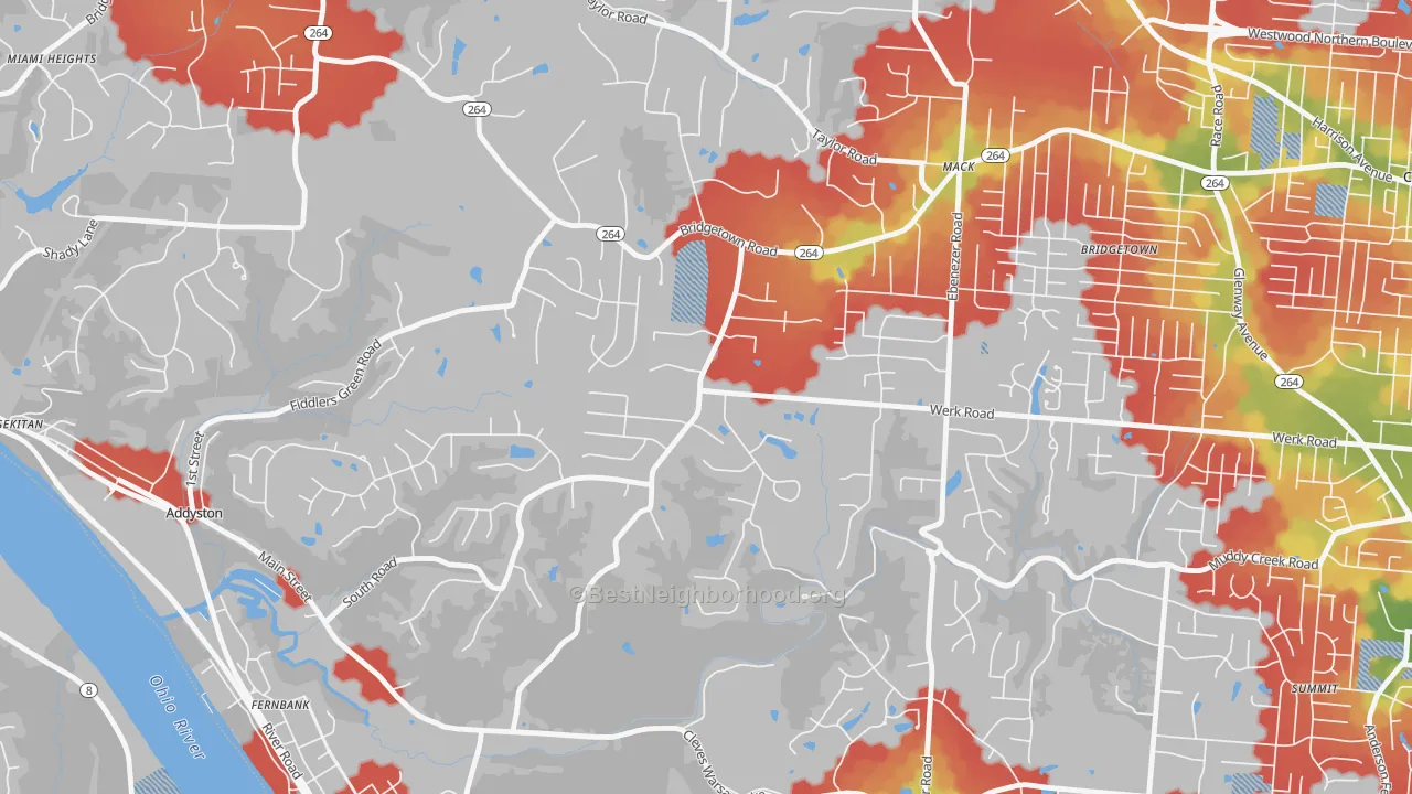 Walk Grade map of Mack South, Cincinnati, OH, walkable areas in green and car-dependent areas in red