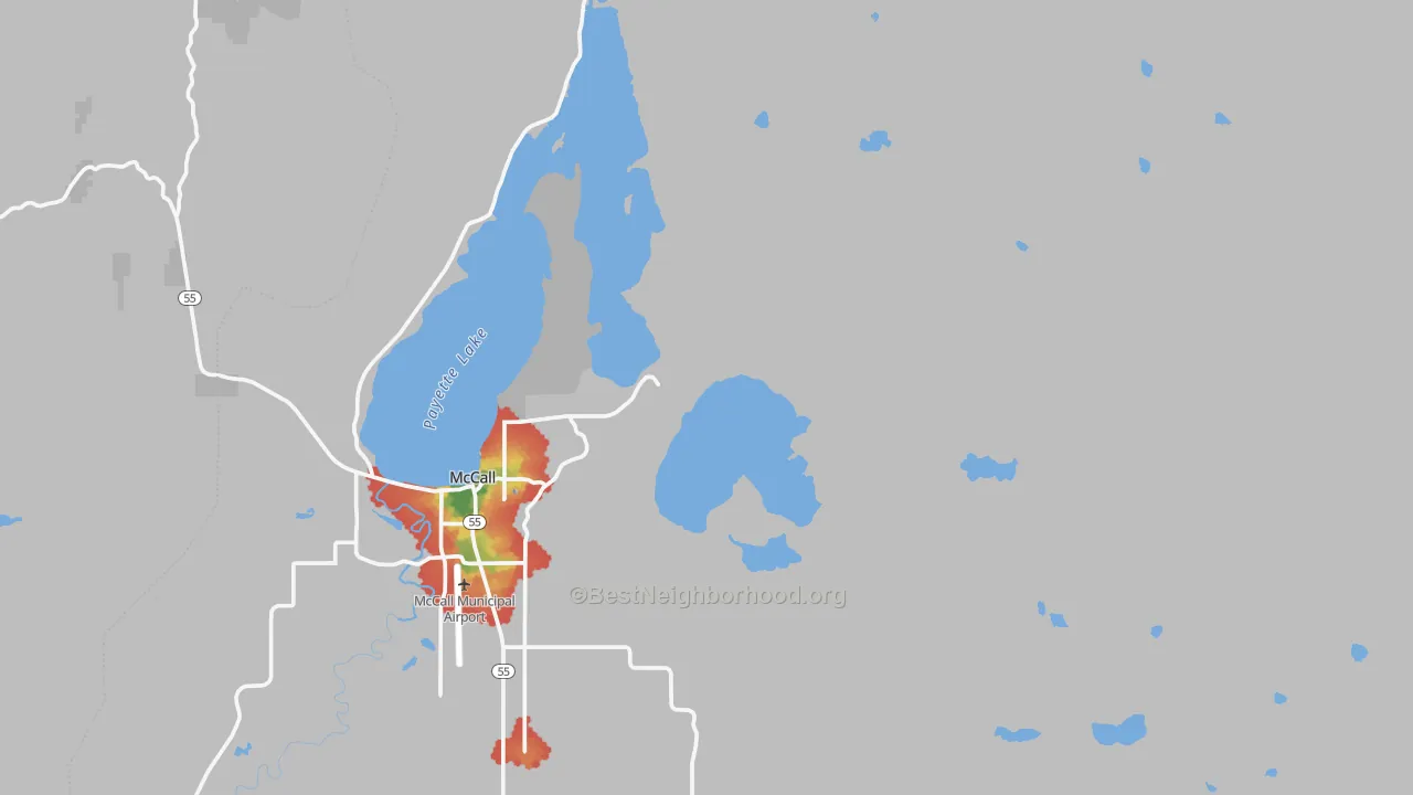 Walk Grade map of Mackay Bar, ID, walkable areas in green and car-dependent areas in red