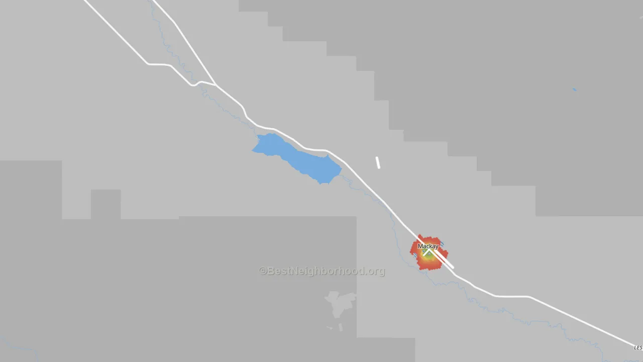 Walk Grade map of Mackay, ID, walkable areas in green and car-dependent areas in red