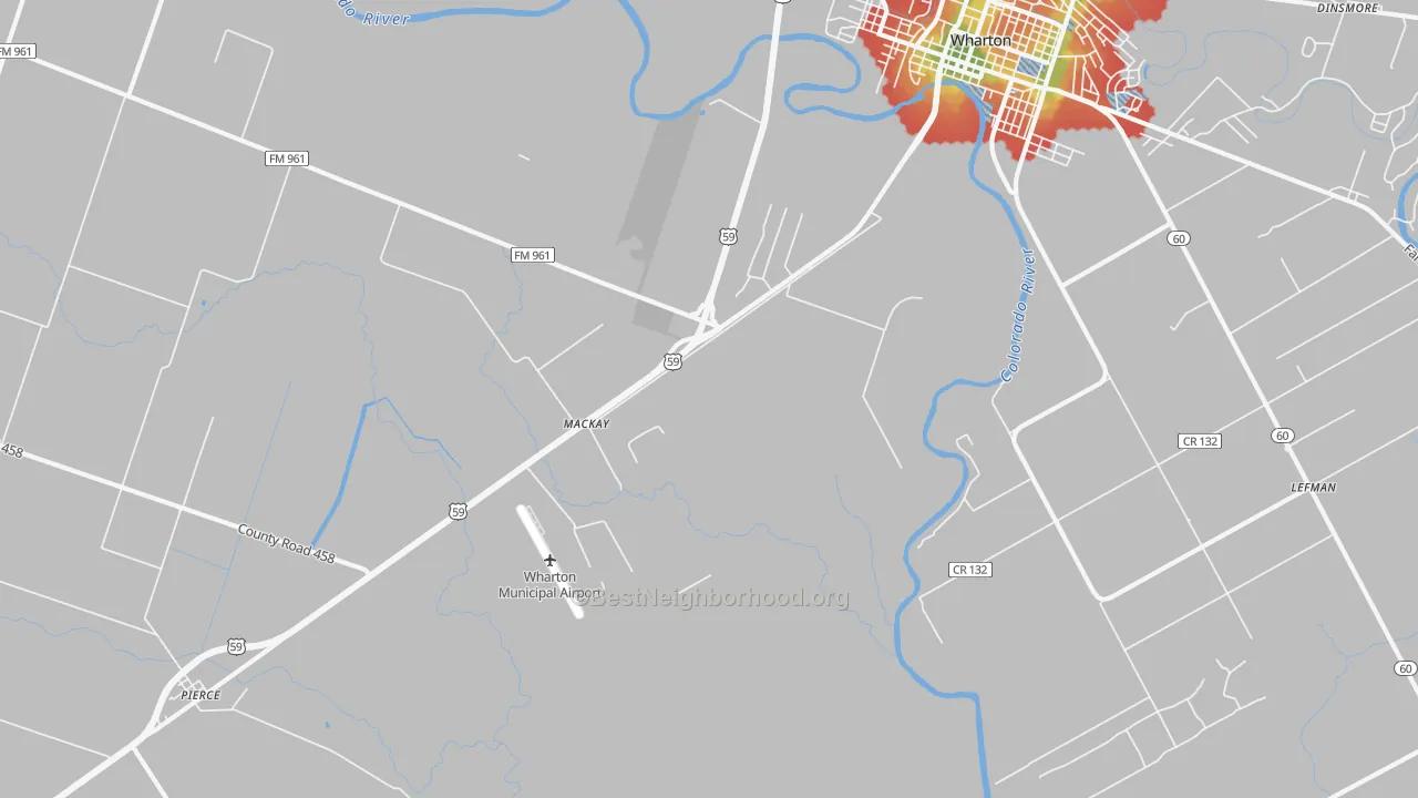 Walk Grade map of Mackay, TX, walkable areas in green and car-dependent areas in red