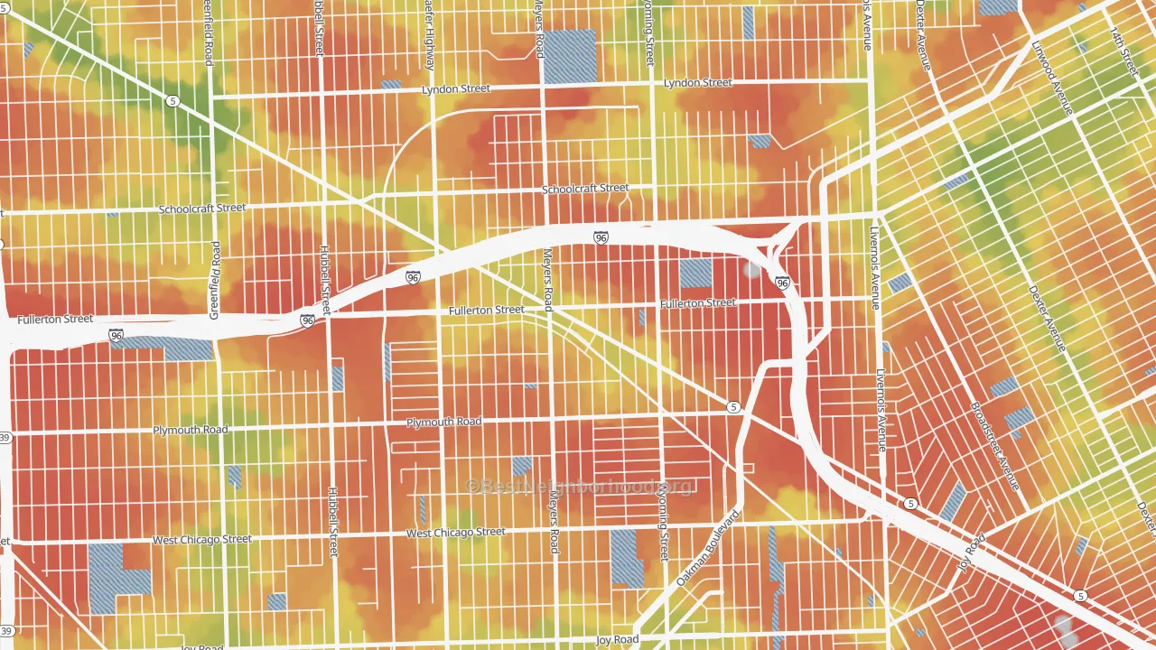 Walk Grade map of MacKenzie, Detroit, MI, walkable areas in green and car-dependent areas in red