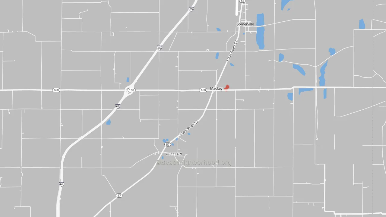 Walk Grade map of Mackey, IN, walkable areas in green and car-dependent areas in red