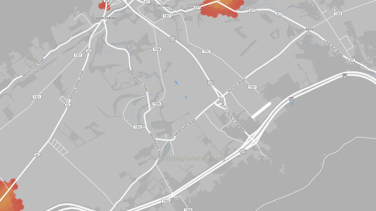 Walk Grade map of Mackeyville, PA, walkable areas in green and car-dependent areas in red