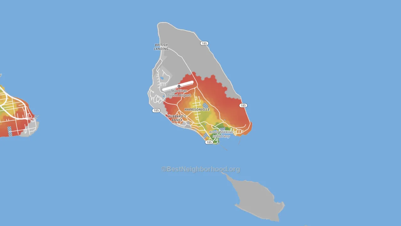 Walk Grade map of Mackinac Island, MI, walkable areas in green and car-dependent areas in red