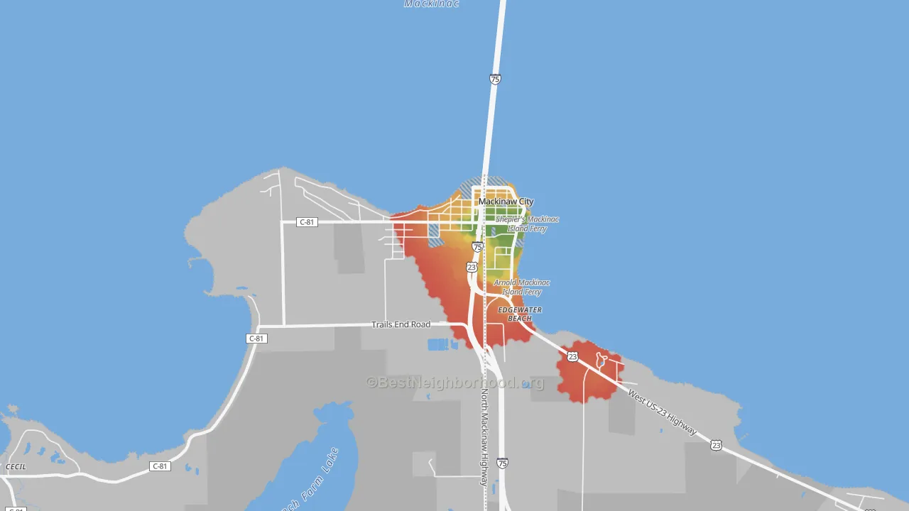 Walk Grade map of Mackinaw City, MI, walkable areas in green and car-dependent areas in red