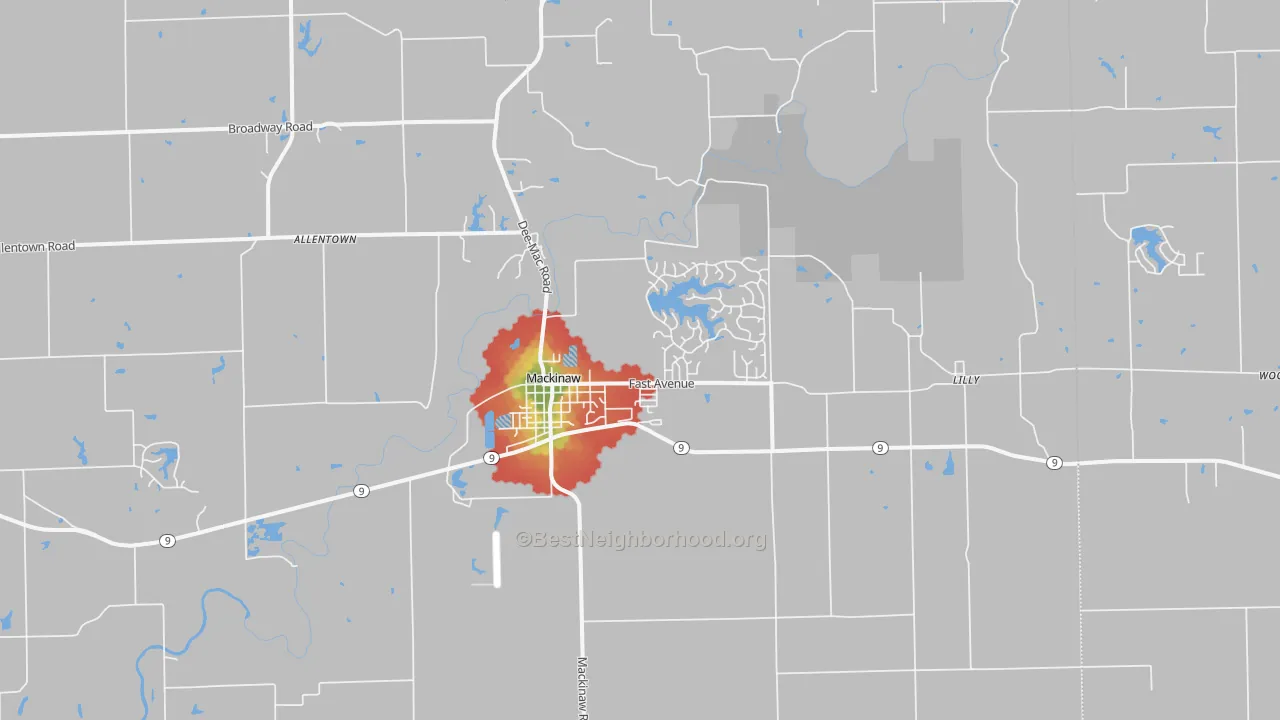 Walk Grade map of Mackinaw, IL, walkable areas in green and car-dependent areas in red