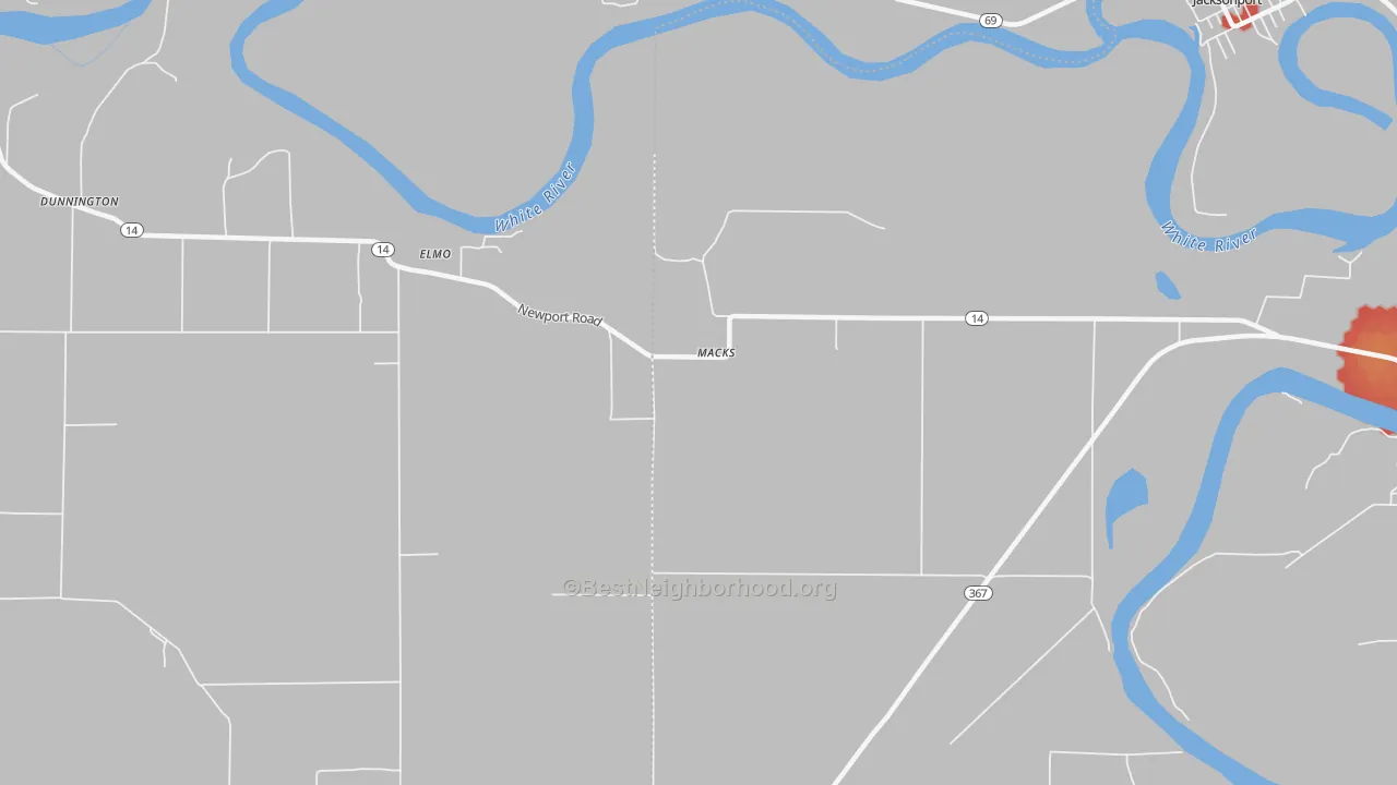 Walk Grade map of Macks, AR, walkable areas in green and car-dependent areas in red