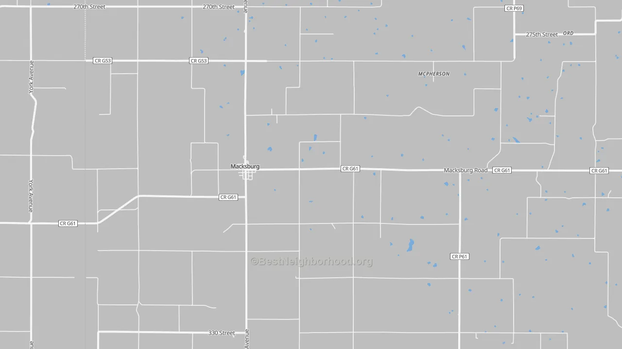 Walk Grade map of Macksburg, IA, walkable areas in green and car-dependent areas in red