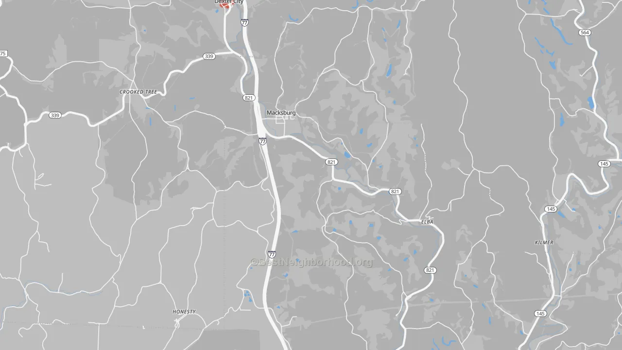 Walk Grade map of Macksburg, OH, walkable areas in green and car-dependent areas in red
