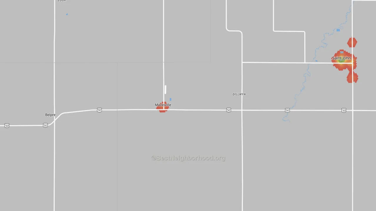 Walk Grade map of Macksville, KS, walkable areas in green and car-dependent areas in red