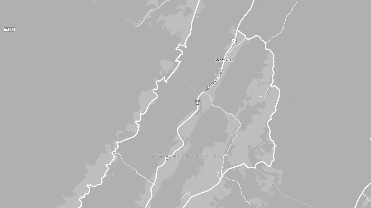 Walk Grade map of Macksville, WV, walkable areas in green and car-dependent areas in red