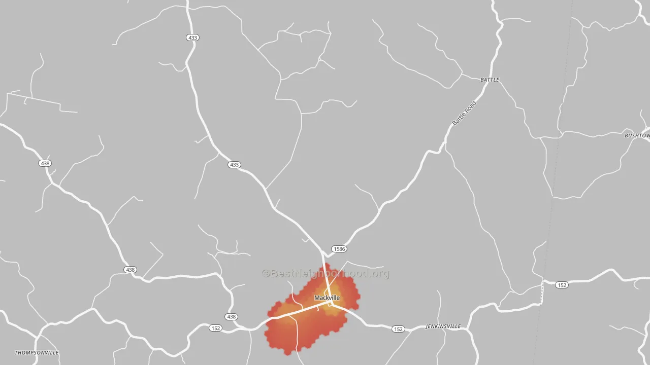 Walk Grade map of Mackville, KY, walkable areas in green and car-dependent areas in red