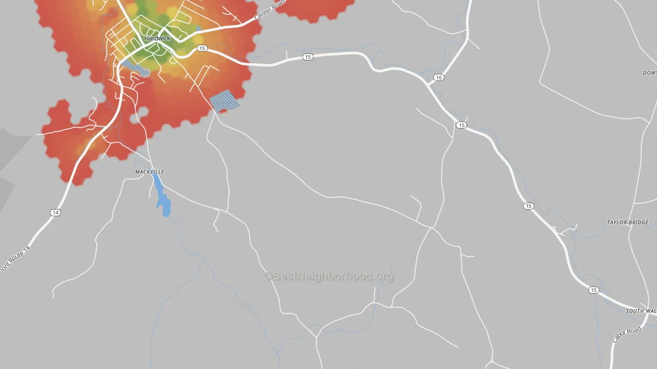 Walk Grade map of Mackville, VT, walkable areas in green and car-dependent areas in red