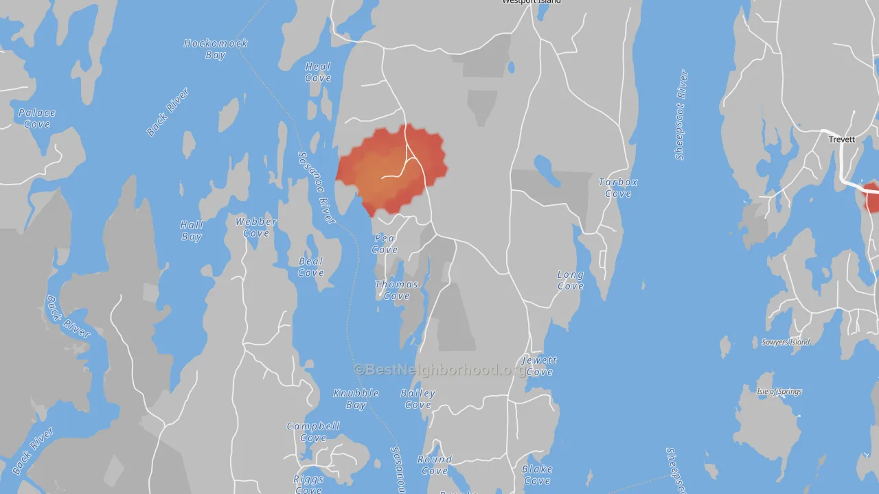 Walk Grade map of MacMahan, ME, walkable areas in green and car-dependent areas in red