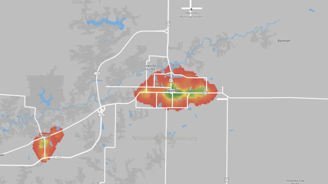 Walk Grade map of Macomb, IL, walkable areas in green and car-dependent areas in red