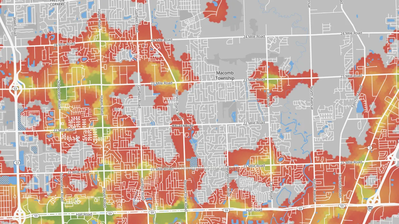 Walk Grade map of Macomb, MI, walkable areas in green and car-dependent areas in red
