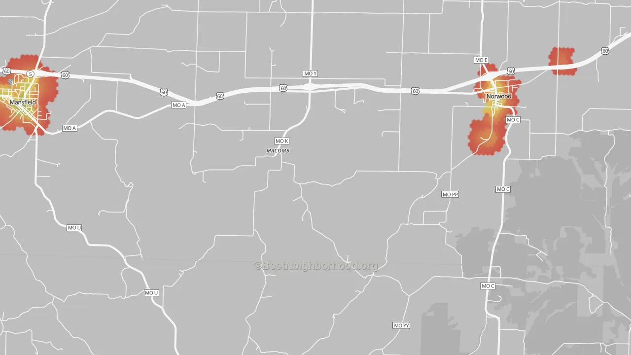 Walk Grade map of Macomb, MO, walkable areas in green and car-dependent areas in red