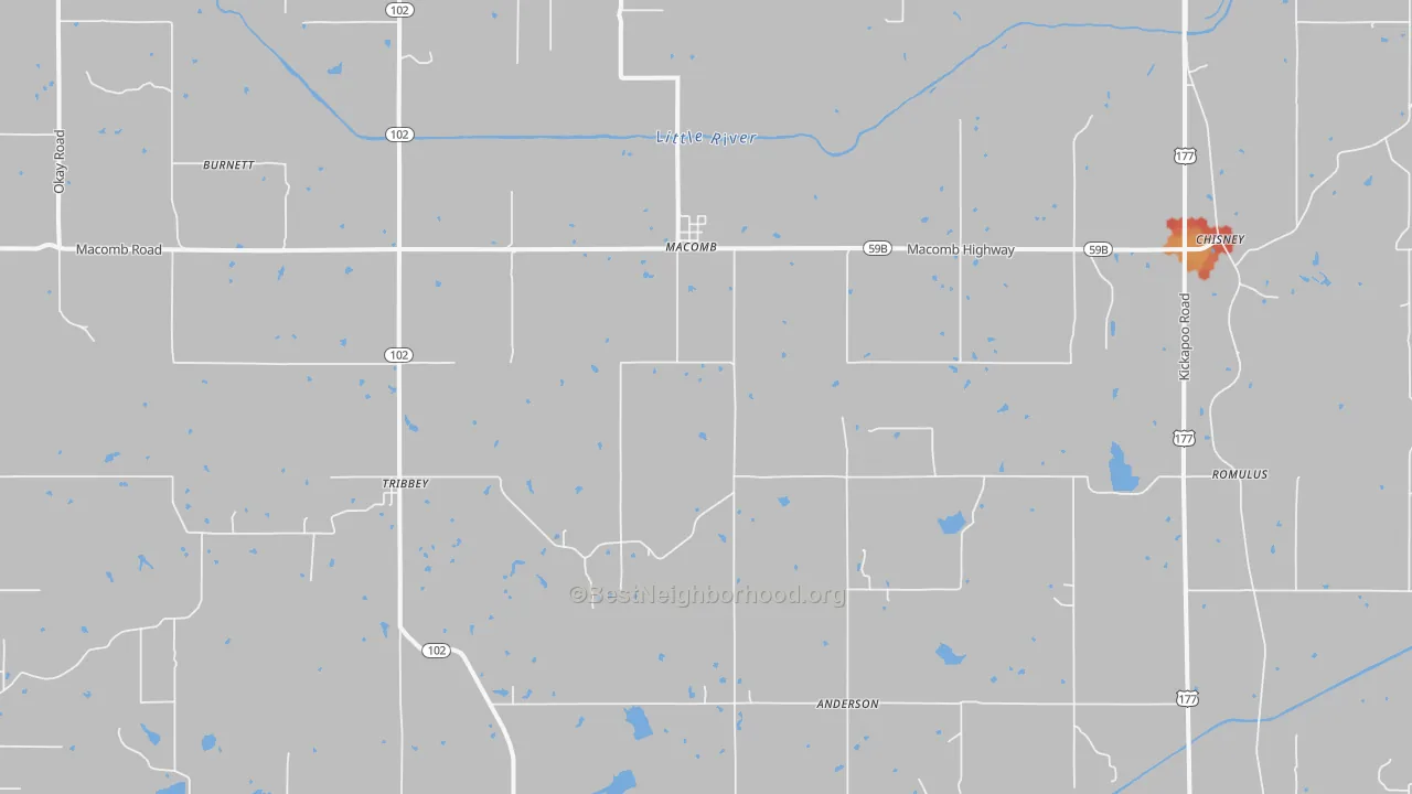 Walk Grade map of Macomb, OK, walkable areas in green and car-dependent areas in red