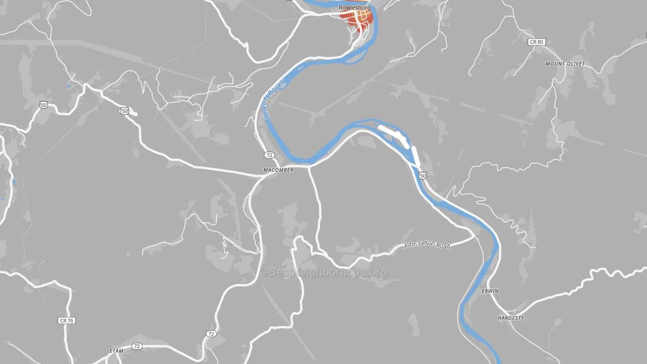 Walk Grade map of Macomber, WV, walkable areas in green and car-dependent areas in red