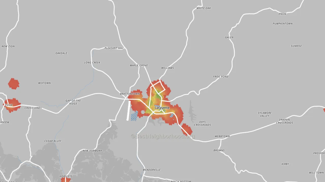 Walk Grade map of Macon County, TN, walkable areas in green and car-dependent areas in red