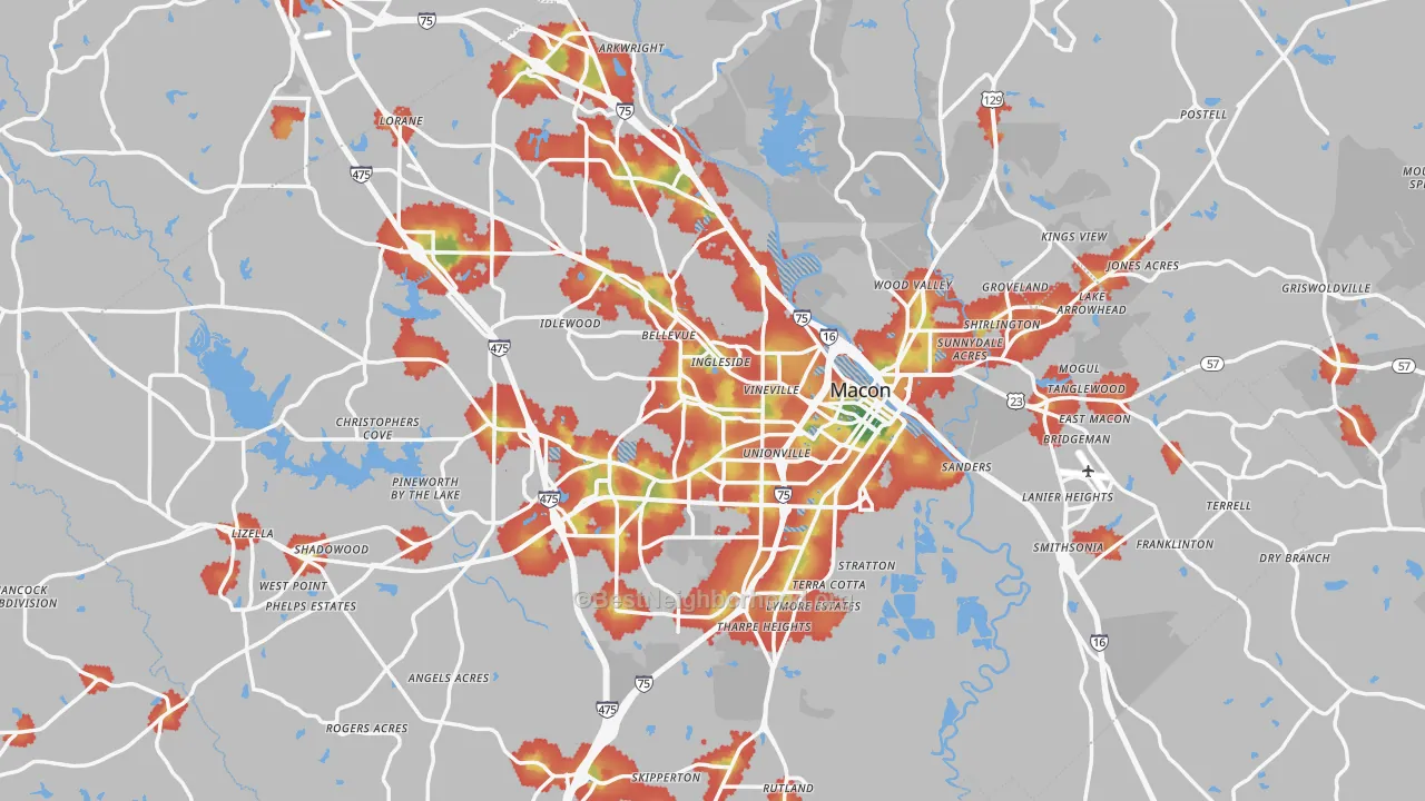 Walk Grade map of Macon, GA, walkable areas in green and car-dependent areas in red